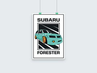 Subaru Forester Poster Design 2d automotive design black car flat forester grey illustration mint mint green poster poster art poster design race car subaru vector yellow