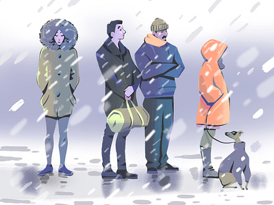 Winter characters city dog grey illustraion people public transport sketch snow street urban weather winter woman