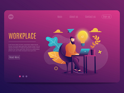 Workplace. Flat Style Template Web Page 2020 adobe colorful flat freelance idea illustrator man page template web work workplace