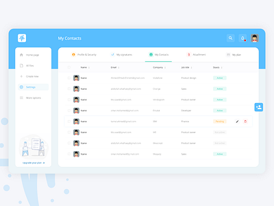 My Contacts - Settings Tab add awesome blue card design clients colors contact contacts dashboard ui digital product design section settings signature status tabs user interface ux ui web webdesign