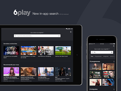 6play - New in-app search 6play android app application design filters in app ios m6 mobile mockup salto search search bar streaming app tablet ui ux