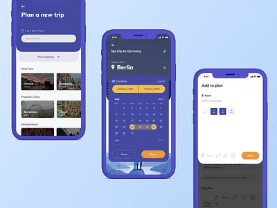 travel planer app blue branding design flat typography ui ux vector
