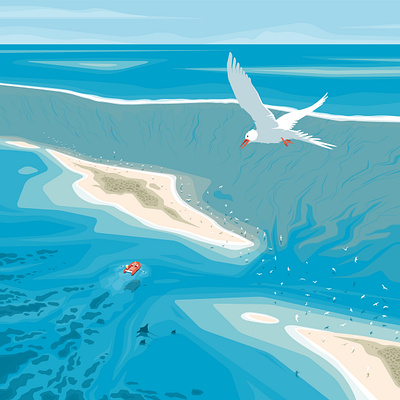 Alone in the crowd bird flat illustration island lagoon landscape sea vector