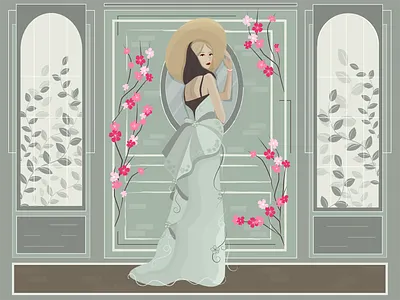 Glamour woman with a wide brim hat character classic dress english floral glamour green hat illustration interior lady look model old fashion pastel colors posture sakura style vector woman