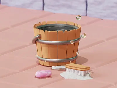 Cleaning Time 🧹 3d art 3d ilustration app basket brush bubbles bucket cartoon cartoon illustration cleaning design flat illustration foam game art game asset homeware soap water