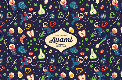 Avami Pattern and Logo apple astronaut cute food healthy identity kawaii kids korean logo pattern sushi typography