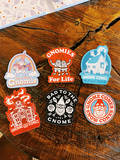 New Gnome Cones Stickers! decals drawing gnome gnome cones goodies illustration merch snow cones stickers swag