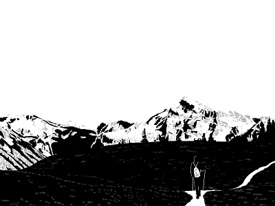 Hike blackandwhite hatching hiker hiking pole hills illustration mountain mountains path procreate shadow washington