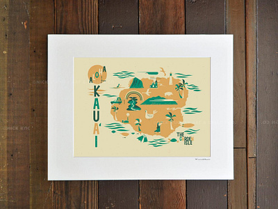 Kauai Map aloha beach hawaii illustration kauai map ocean print retro surf vintage waves