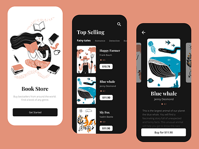 Book Store App | Fairy tales app black theme book book app book store bookshop clean fairy tale illustrations inspiration minimal mobile mobile app store app store design ui uidesign vector