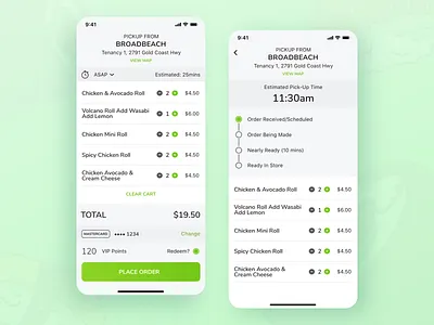 Sushi Train - Checkout Process 🛒 app cards cart checkout clean food green mobile mobile ui order order tracking sushi ui ux