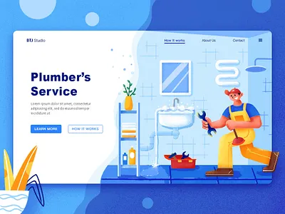 SA9527 - Redesign Concept Banner 6 art banner business concept creative design development illustration landing page launch page plumber plumber guy process strategy technology vector web app website