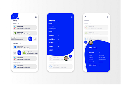 Menu to Profile Flow app design app designer branding clean color design email email app flat hover inbox menu minimalist product design profile ui ux ux design webdesign