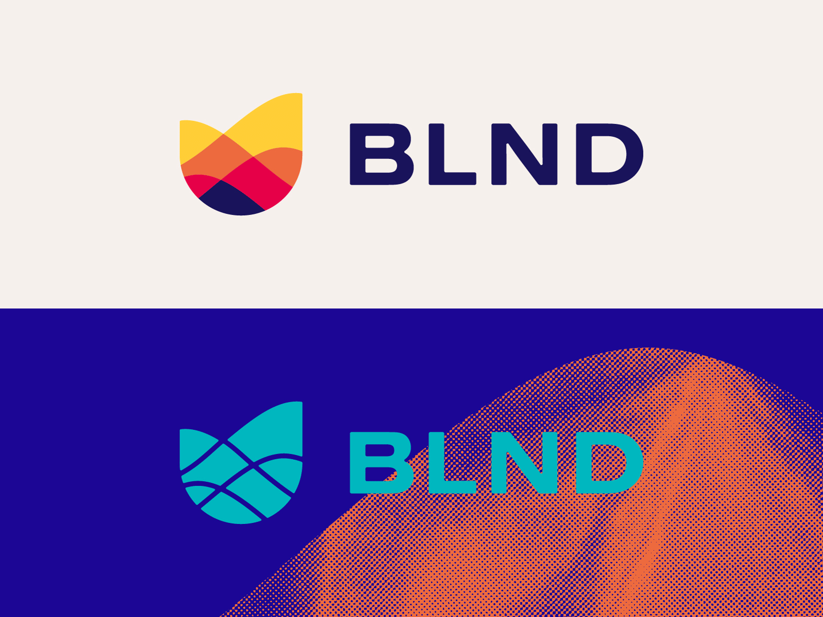 BLND brand identity pieces branding branding design colors guidelines halftone health identity illustration logo mentalhealth navy orange peach screentone teal texture wellness yellow