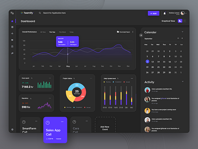 Teamify - Project Management Dashboard Dark Mode activity analytics card charts dark mode dark ui dashboard data design event interface kajal kashyap design management product design project management task management task manager ui design ux web design