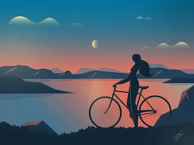 Evening bike birds evening girl hill illustration landscape moon mountains nature sky texture