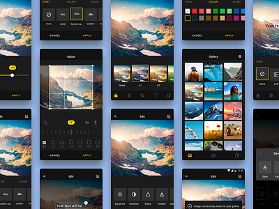 Photo editing application application brightness contrast dark ui editing filters flat design mobile photo result ui ux design user interface yellow