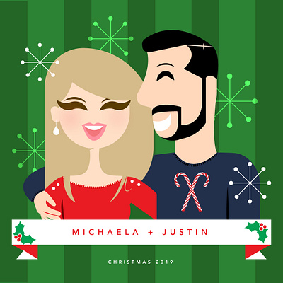 Michaela + Justin candy cane christmas christmas card colorful commision couple design illustration illustrator mistletoe portrait red retro simple snowflake vector