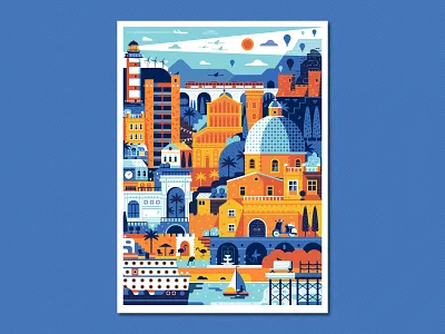 Cagliari Travel Poster cagliari cityscape coast cruise flat design illustration italian landmarks landscape mediterranean poster sardegna sardinia sea seaside summer town travel