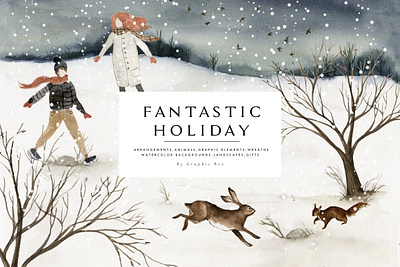 Fantastic Holiday-Winter collection background bear clipart deer design fantastic gift graphic design holiday holiday winter house landscape leaf snow squirrel tree watercolor winter winter clipart winter collection