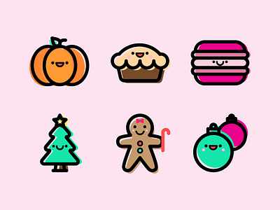 Holiday Spirit and Happy Faces christmas tree gingerbread man icon icon design iconography icons illustration macaron ornaments pie pumpkin vector