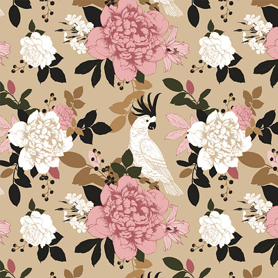 Colorful background with cockatoo parrot, peonies, roses, clemen pattern vector какаду пионы полиграфия попугай постер фон