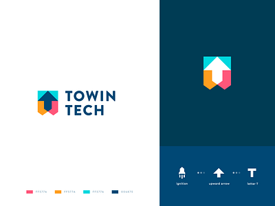 Towin Tech abstract arrow branding clever flat icon identity letter logo mark minimal monogram t technology