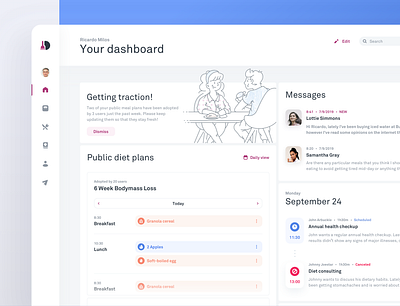 Diet Monitoring Tool - Dietician's Dashboard calories cards clean dashboard clean ui clear colorful dashboard diet eating healthy eating illustration meals minimalistic planner sections texture web app white theme white ui whitespace