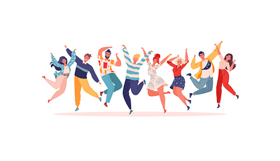 Group of young joyful jumping people with raised hands isolated 2d adobe illustrator cartoon celebration character character design cheerful colleague concept flat friend fun group hands up happiness happy illustration people positive vector