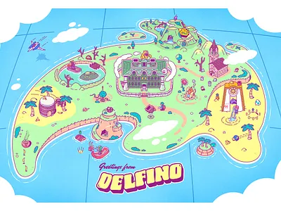 Greetings from Delfino art gamecube gaming greetings from illustrator island map nintendo nintendo gamecube photoshop retrogaming vector videogames