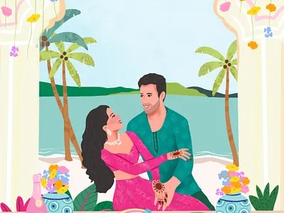 Mehendi- Wedding Invite comicart couple illustrations digitalart graphic desgin illustration indian wedding save the date tropical art wedding art wedding illustration wedding invitations wedding invite