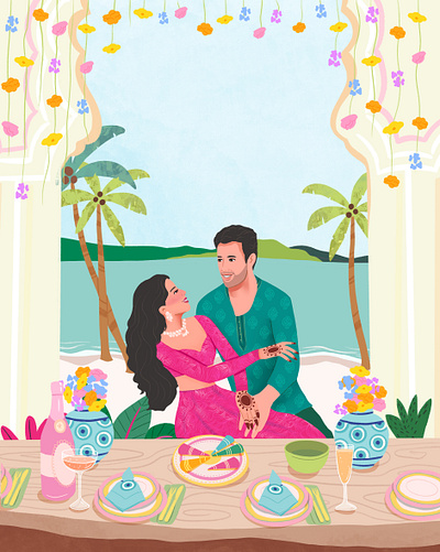 Mehendi- Wedding Invite comicart couple illustrations digitalart graphic desgin illustration indian wedding save the date tropical art wedding art wedding illustration wedding invitations wedding invite