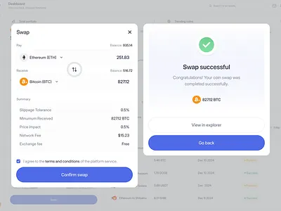 Crypto SaaS Web App Dashboard - Swap Success Component bitcoin btc coin component crypto cryptocurrency dashboard design eth product design saas success swap swap coin transaction ui uiux ux web app web3