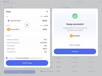 Crypto SaaS Web App Dashboard - Swap Success Component bitcoin btc coin component crypto cryptocurrency dashboard design eth product design saas success swap swap coin transaction ui uiux ux web app web3