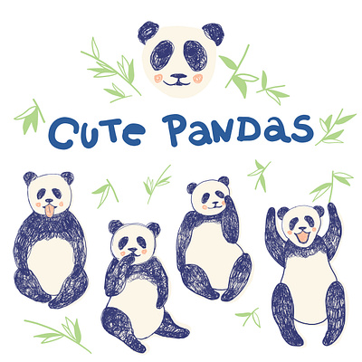 Set of hand drawn cute pandas with eucaliptus and lettering abstract branding design flat illustration illustrator logo meditate minimal vector