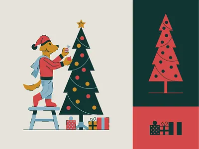Dog decorating a Christmas tree boots bulb candy chair christmas tree comforter decorations design dog fir gifts holiday holiday fever illustration star tinsel tshirt tshirt design vector