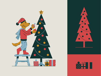 Dog decorating a Christmas tree boots bulb candy chair christmas tree comforter decorations design dog fir gifts holiday holiday fever illustration star tinsel tshirt tshirt design vector