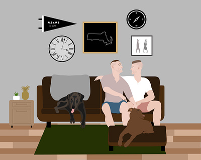 Dan and Tim couch couple design dogs family gallery wall happy illustration lgbtq