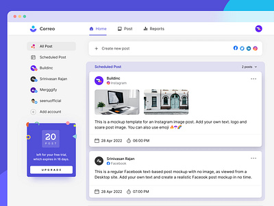 Correo | Social Media Post Manager app buffer buildinc comment correo design like media product schedule social ui ux web