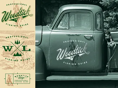 Woodtick Lodge Logos Dribble 22A branding cabin camping canoe fishing lake lodge logo northwoods outdoors rustic typography vintage truck