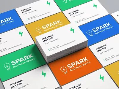 Spark Business Cards blue bolt branding business card business cards business system green light lightbulb lightening bolt logo orange spark plug yellow