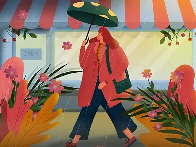 rain cafe calendar character coffee cozy flowers girl illustration illustrator rain seasons sophie tsankashvili spring street summer umbrella vector walking