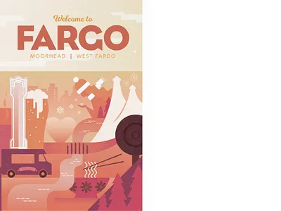 Visitor Guide Cover beer bicycling bison brat coffee cup fargo food truck golf illustration kayak north dakota ramen river snowflakes sunset texture welcome wheat