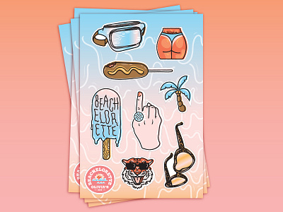 Beachelorette Stickers bachelorette beach beachelorette butt corndog engagement fanny pack illustration palm tree popsicle ring sticker sticker pack stickers sunglasses tiger