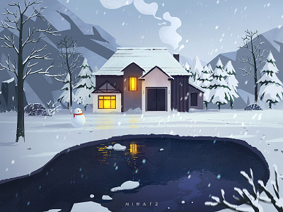 Heavy snow house pond snow snowman white