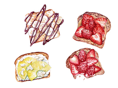 Sweet sandwich banana bread breakfast chocolate design draw eat food fresh illustration lunch pineapple red sandwich strawberry watercolor watercolor art