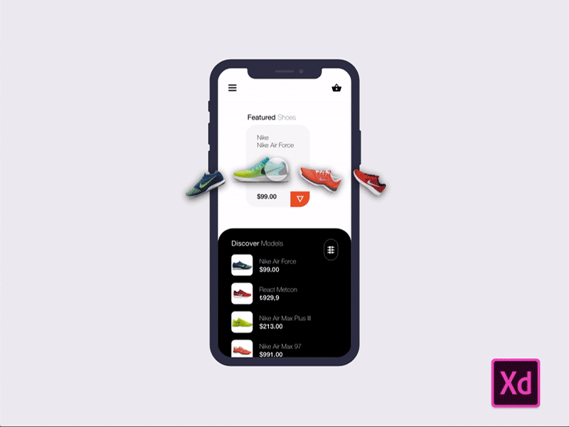 Basic Shoes Shop UI animation #1 add to cart adobe adobexd animation app dailyui ecommerce firstshot minimal mobile products prototype ui xd