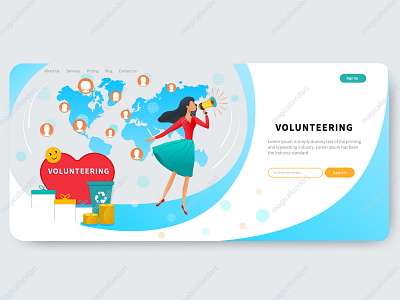 Volunteering web design business charity community design donate donation ecology element landing magicallandart money page recycle support trash volunteer volunteering web woman