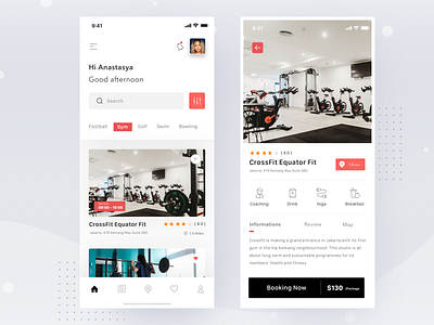 Sport Place Finder App app book card fitness football gym health ios mobile money profile simple sport ui yoga