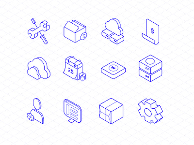 Isocmetric icons ver. 2 blue branding calendar clouds cluster datacenter demo grid icon icon set invoice isometric package payment server settings training trainings trial user